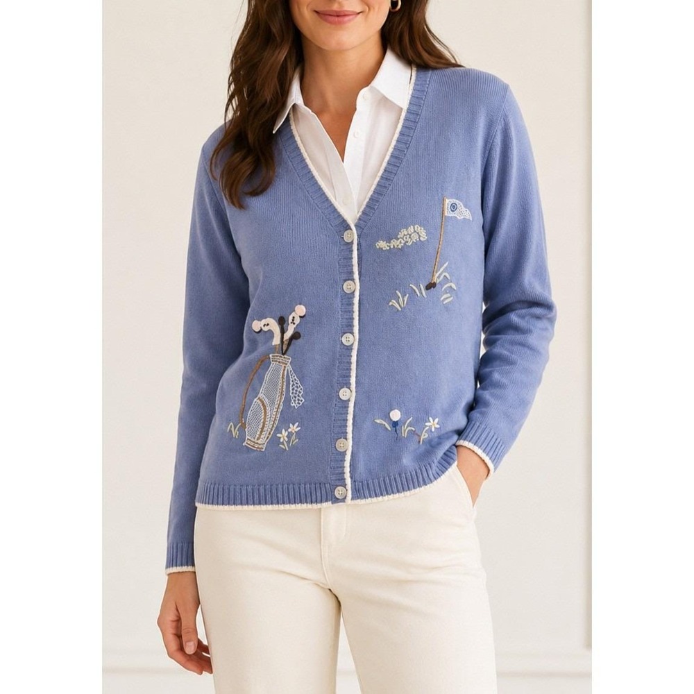 Vintage Talbots Cardigan Womens M 100% Cotton Golf Embroidered V-Neck Sweater